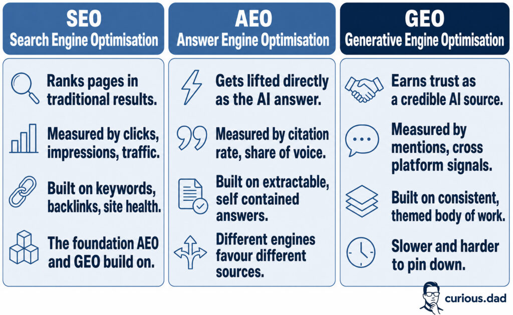 SEO vs AEO vs GEO comparison table showing what each one is
