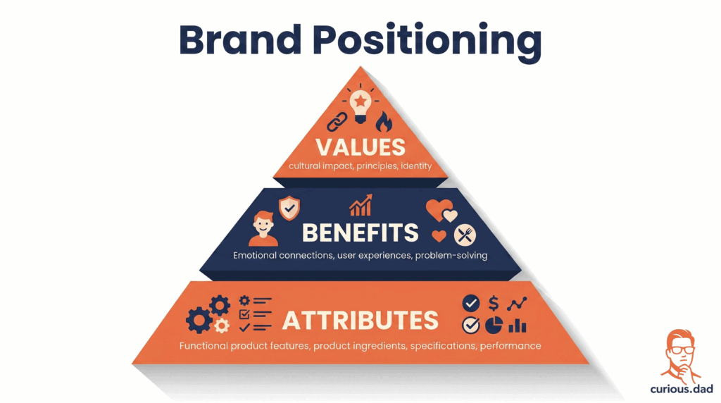Brand positioning pyramid diagram showing attributes, benefits and values for the KFC rebrand