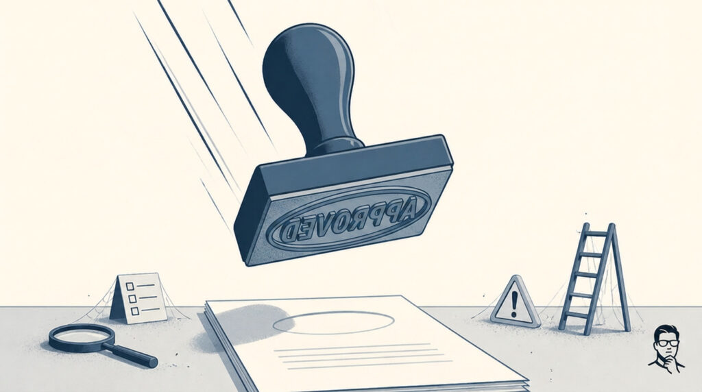 Illustration of a rubber stamp marked Approved descending rapidly onto a document while dusty, untouched governance tools like a magnifying glass and checklist sit ignored nearby.