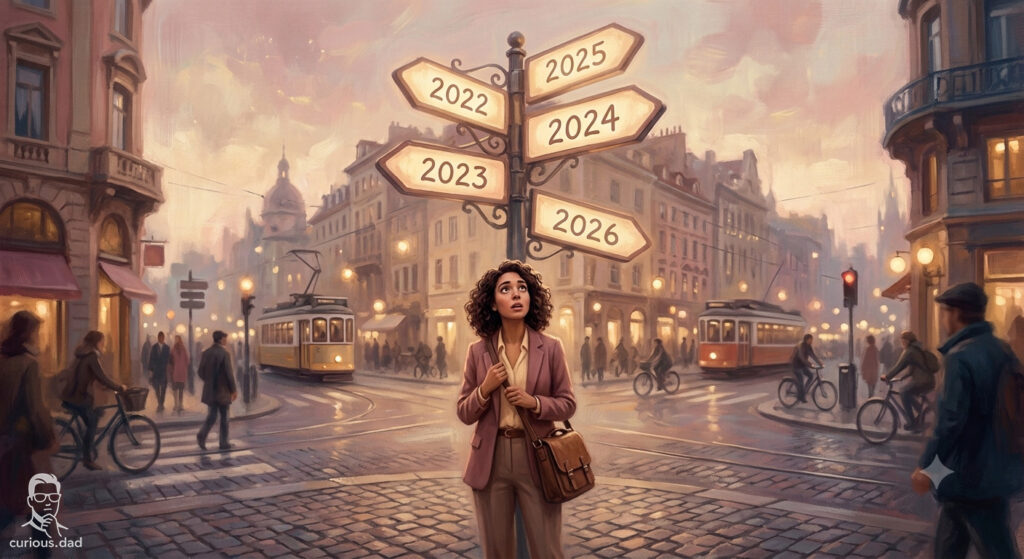A professional standing at a city crossroads with signposts labelled 2022 to 2026, representing the pace of the AI race