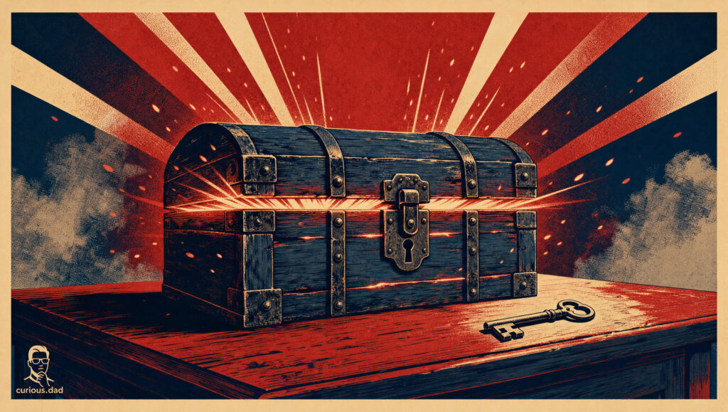 Locked wooden chest glowing at the seams with light, key resting beside it