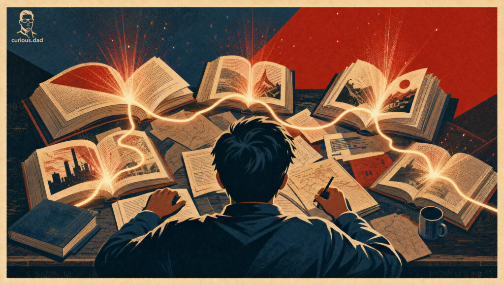 Illustrated figure tracing a glowing thread of light across scattered open books and documents