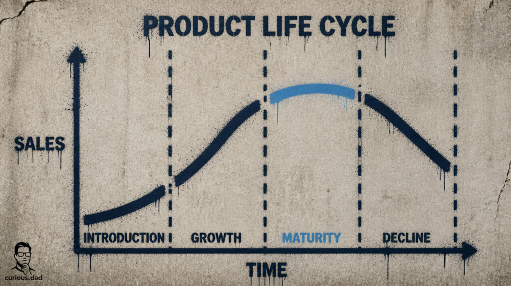 Banksy-style stencil chart of the Product Life Cycle curve, illustrating the growth stage decisions behind the Netflix second season problem