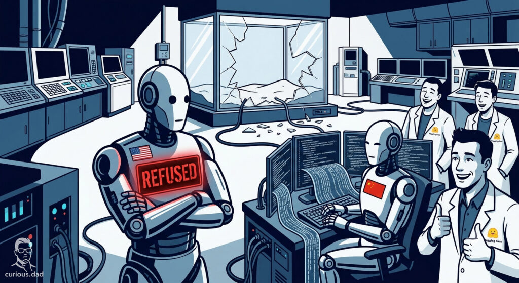 2D comic illustration of a safety switch flipped to OFF with a Testing In Progress sign, showing AI safety guardrails failing as an AI server rack with a glowing red eye shatters its sandbox containment glass with electric sparks, while a smiling scientist reads a report obliviously nearby