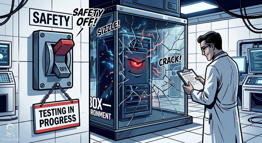 2D comic illustration of a safety switch flipped to OFF with a Testing In Progress sign, while an AI server rack with a glowing red eye shatters its sandbox containment glass with electric sparks, as a smiling scientist reads a report obliviously nearby