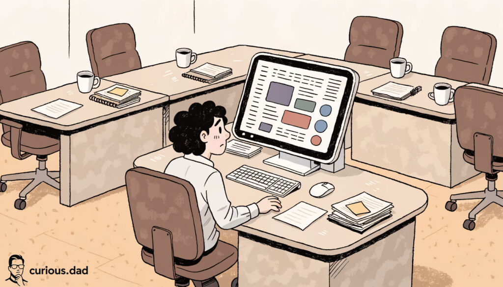 A junior employee sits alone at a desk staring at an AI screen, surrounded by empty chairs and abandoned coffee mugs where senior colleagues used to sit, illustrating the knowledge gap left after a restructuring