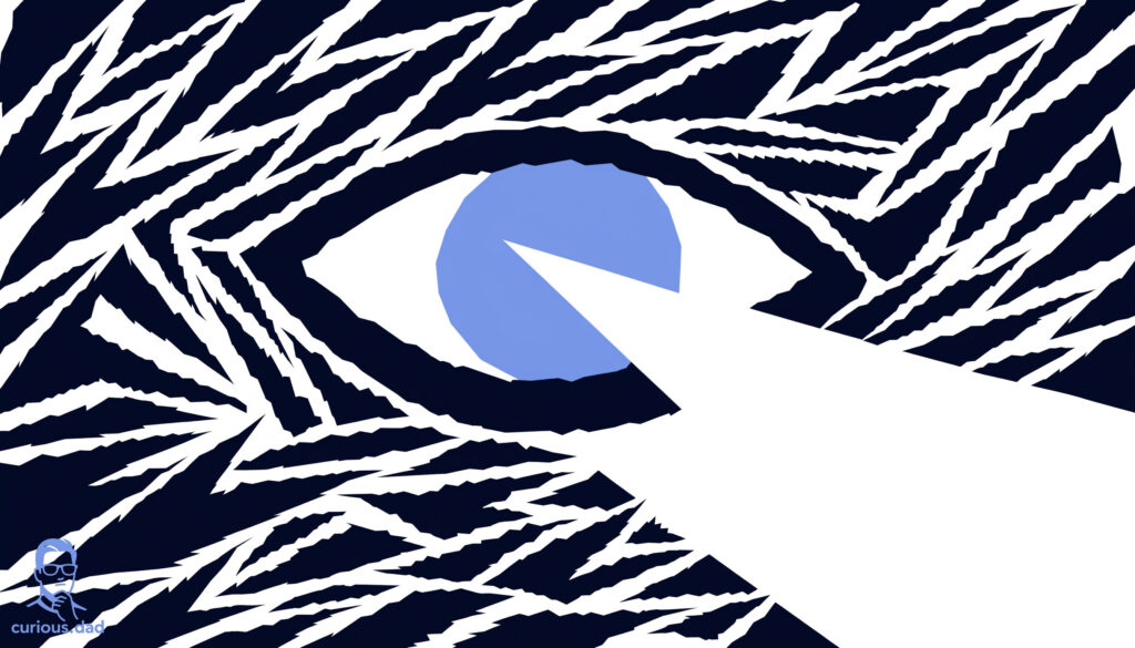 Abstract mid-century style illustration of a large cut-paper eye with a steel blue iris surrounded by scattered identical navy fragments, with one clean wedge of white cutting through the noise, representing a discerning audience seeing through AI disinformation.