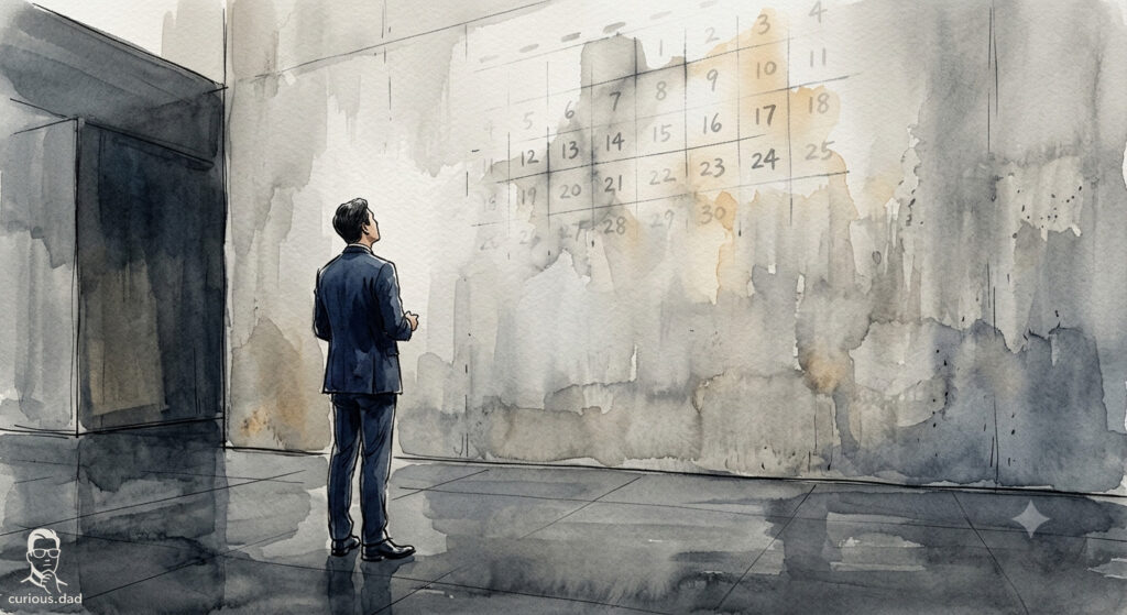 GovTech retrenchment illustration of a suited figure standing before a large wall calendar watching time pass