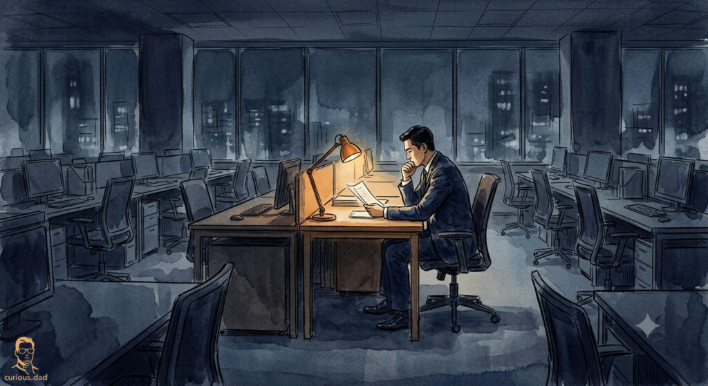 GovTech retrenchment illustration of a lone office worker reading a document at night surrounded by empty desks