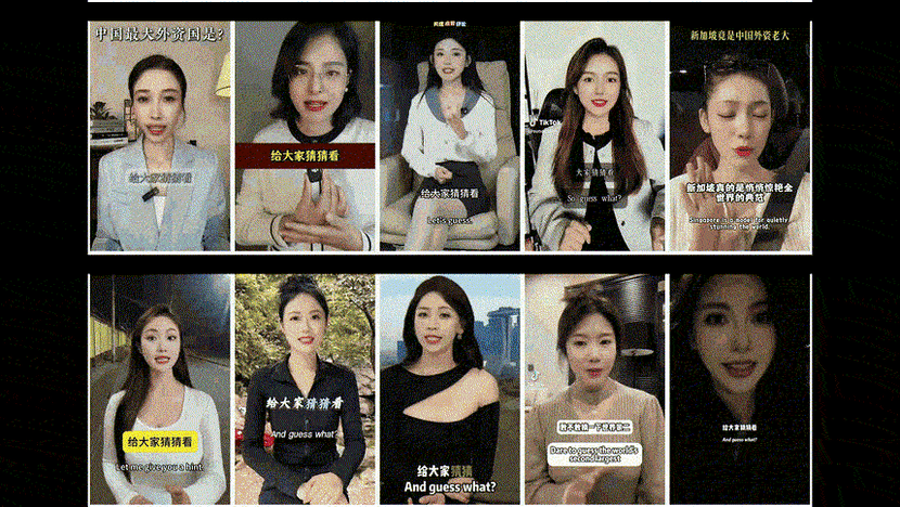 Grid of ten AI-generated female presenters from TikTok disinformation videos, each speaking to camera in Mandarin and delivering the same recycled script about Singapore's economy and foreign investment.
