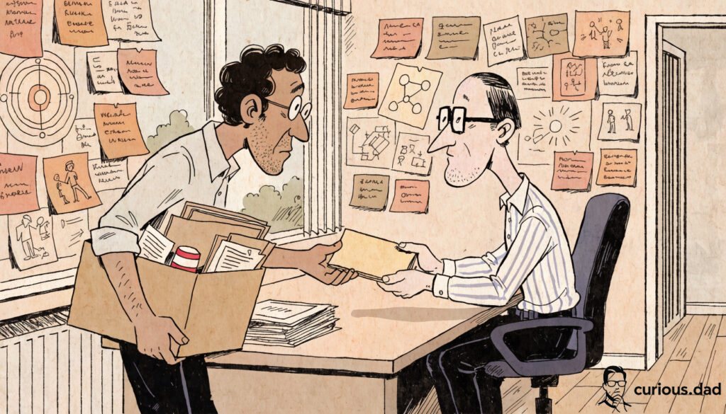 A departing employee hands over a thin folder to a colleague while carrying a box of belongings, as a wall full of notes and diagrams shows how much knowledge is being left behind
