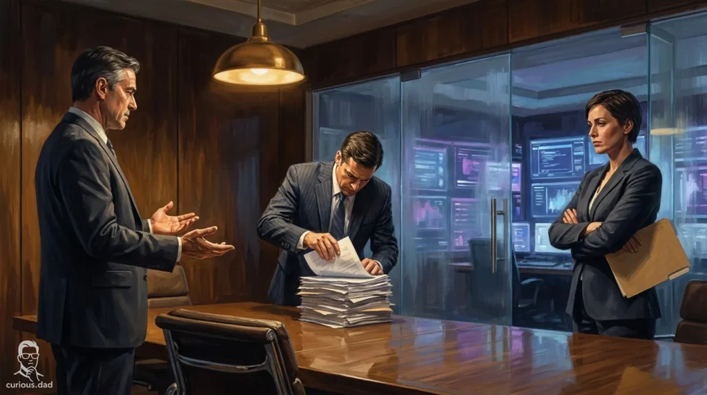 Alex Ross-style painterly illustration of three executives in a boardroom, one gesturing with open hands, one searching through a tall stack of documents, and one standing with arms crossed, with glowing AI data screens visible through the glass wall behind them, representing three different approaches to AI marketing costs