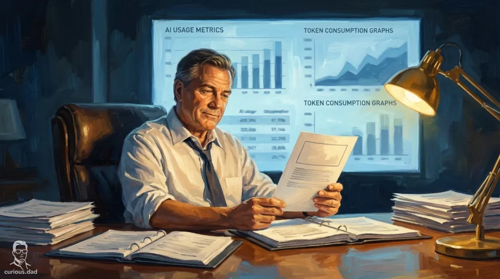 Alex Ross-style painterly illustration of a senior executive in shirtsleeves sitting at a desk surrounded by stacked reports and open binders, holding a document and searching for answers, with AI usage metrics and token consumption graphs glowing on a large screen behind him, capturing the gap between AI marketing costs data and provable business value