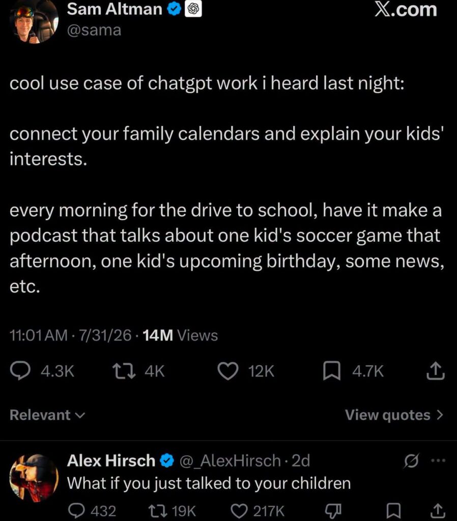 Screenshot of Sam Altman's tweet describing an AI parenting idea using ChatGPT, with Alex Hirsch's reply asking why not just talk to your children