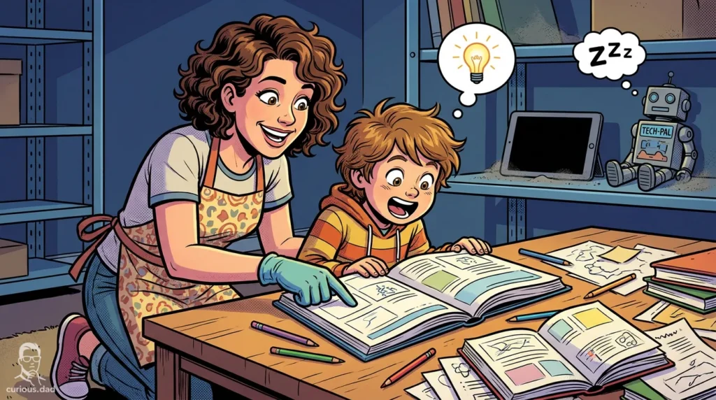 Comic illustration of a tutor helping a child have a lightbulb moment, while an AI parenting tablet and robot sit idle and asleep in the background