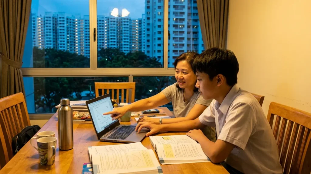Singaporean mother and teenage son exploring ChatGPT for Teens together at a dining table in a HDB flat at night