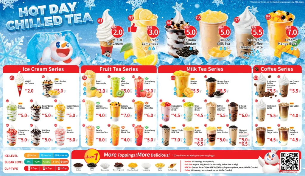 Mixue marketing strategy pricing shown on Malaysia menu board with ice cream bubble tea and coffee drinks from RM 2.00
