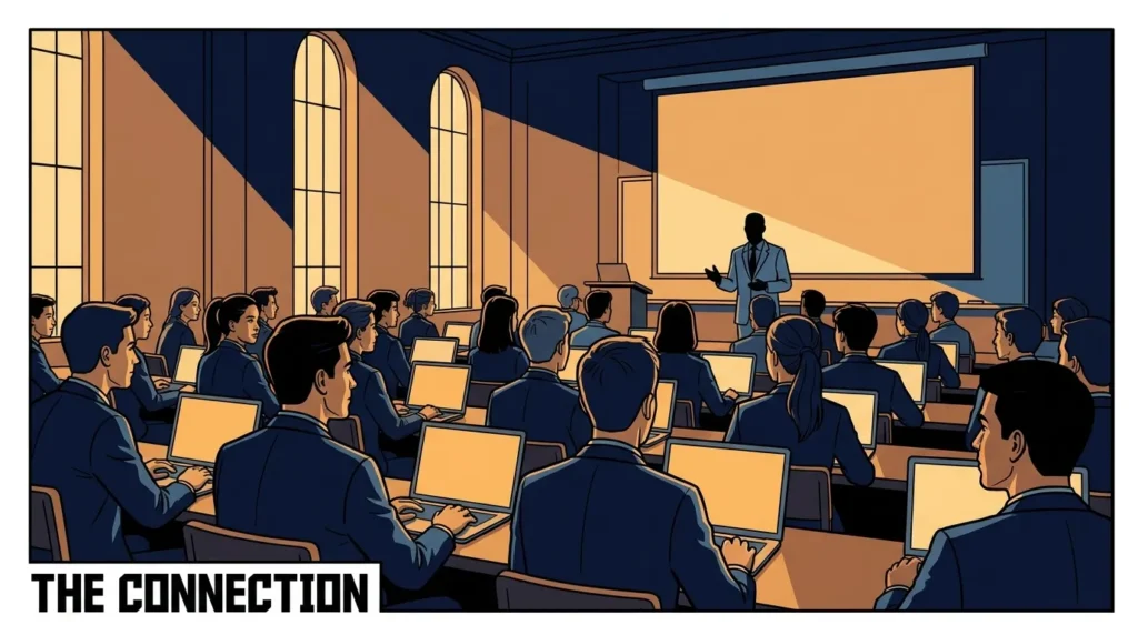 A lecturer at the front of a classroom with students at laptops looking up and engaged, representing human judgment over AI detection tools