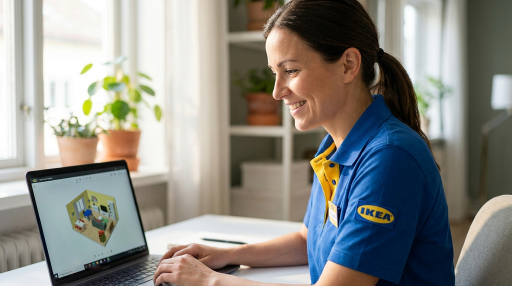 An IKEA remote interior design consultant in blue and yellow uniform smiling at a laptop — part of the company's AI workforce reskilling programme that retrained 8,500 call centre staff