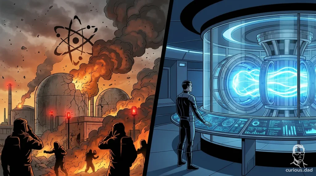 Split composition showing a nuclear fission disaster with fire and smoke on the left versus a calm fusion reactor control room with contained plasma on the right, cinematic comic illustration in the style of John Cassaday