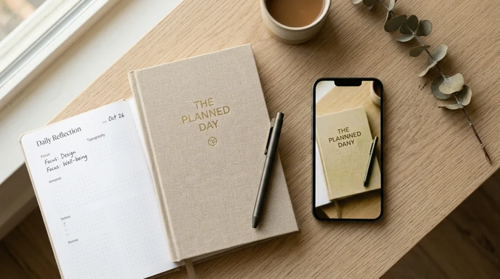 A planner laid open next to a smartphone showing an AI-generated version of the same product with a misspelled title, illustrating how AI-generated content misrepresents seller products on e-commerce platforms