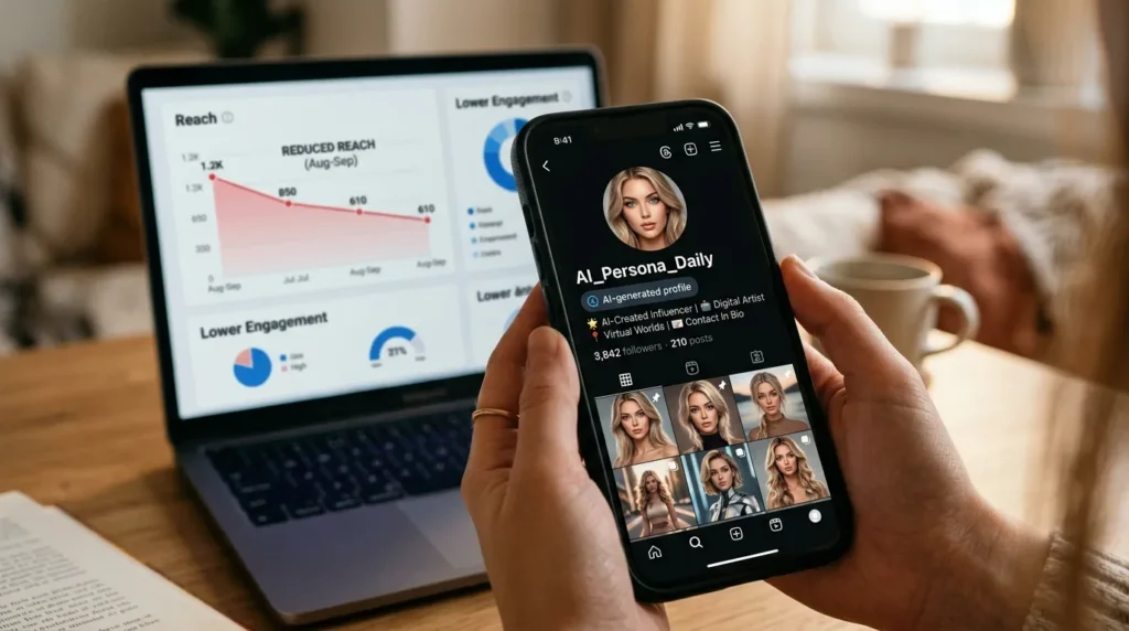 A hand holds a smartphone showing an Instagram profile labelled AI-generated profile with declining reach analytics visible on a laptop in the background, illustrating Instagram's new AI-generated content disclosure policy