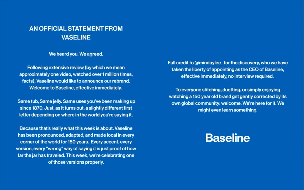 Vaseline's official reactive marketing statement announcing the temporary rebrand to Baseline, appointing Min Day Lee as CEO effective immediately