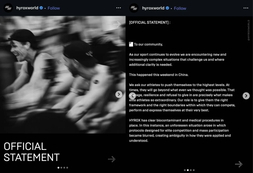Hyrox official statement on Instagram following the Beijing incident, acknowledging protocol ambiguity