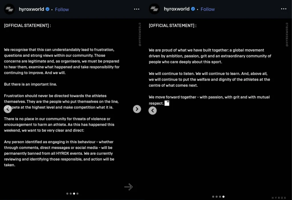 Hyrox official statement on Instagram following the Beijing incident, acknowledging protocol ambiguity