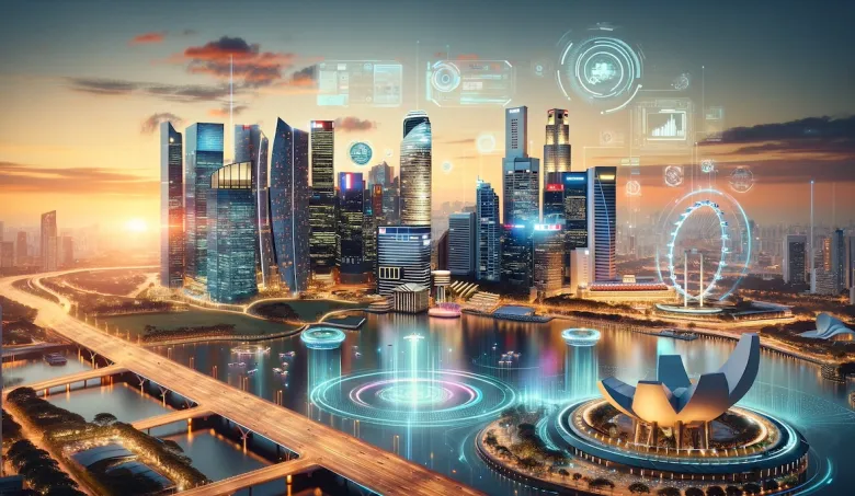 Illustration of Singapore's Marina Bay skyline at sunset with holographic AI overlays, representing Singapore's push for AI safeguards and innovation