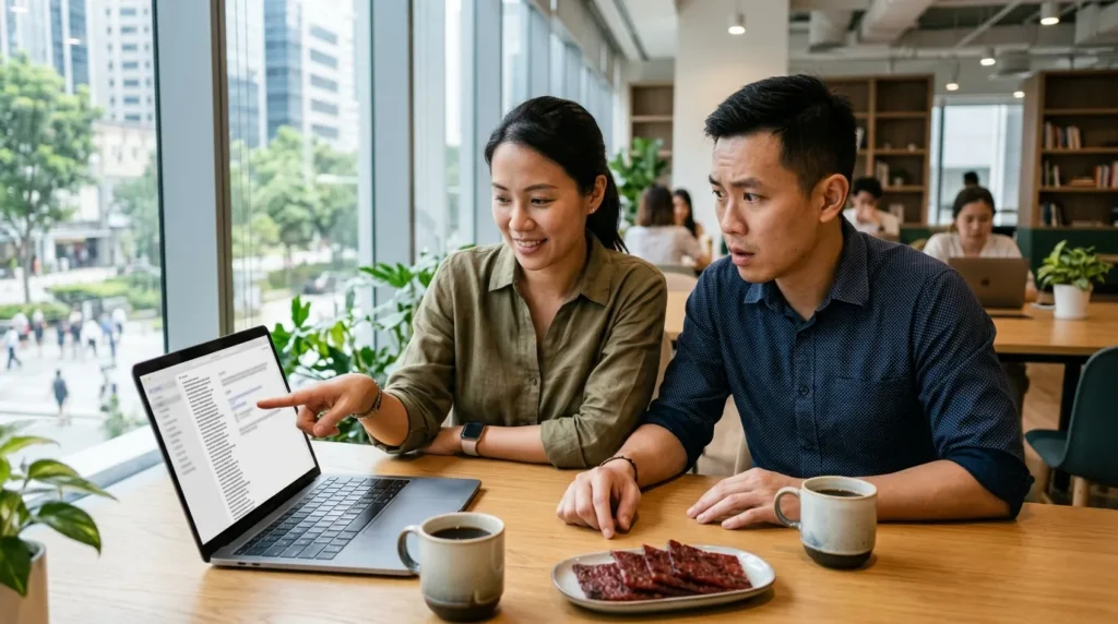 Colleagues checking a laptop screen to catch an AI data breach before it happens, with bak kwa and coffee on the table
