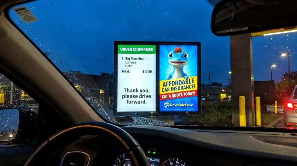 View from a car at a US McDonald's drive-thru at dusk, where the digital order board shows the confirmed order beside a car insurance ad