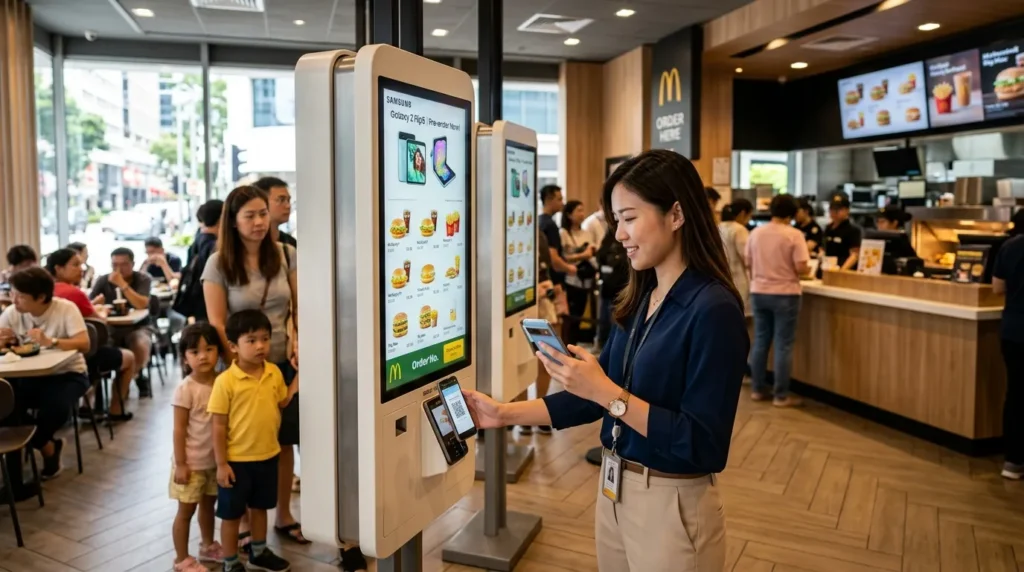 A young woman scans her app at a self-ordering kiosk in a Singapore McDonald's, with a partner smartphone ad at the top of the menu screen, as a family queues behind her